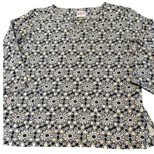 Ruby Rd Favorites Petite Blouse Black Tan Geometric Floral Keyhole Top PM